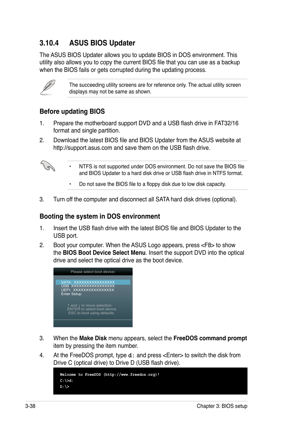 4 asus bios updater, Booting the system in dos environment, Before updating bios | Asus P8B WS User Manual | Page 114 / 148