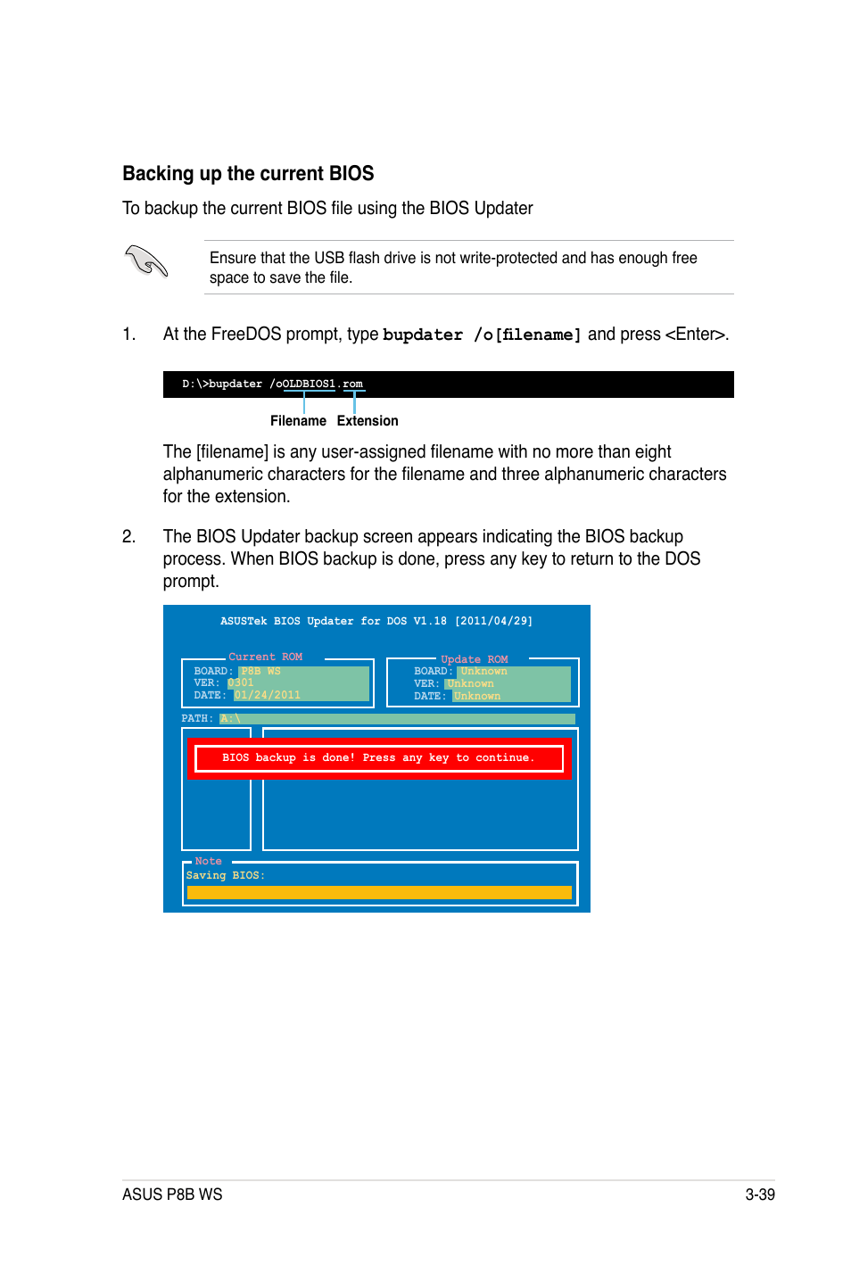 Backing up the current bios | Asus P8B WS User Manual | Page 115 / 148