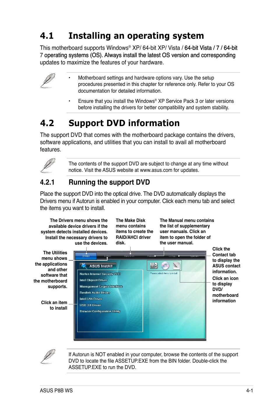 1 installing an operating system, 2 support dvd information, 1 running the support dvd | Asus P8B WS User Manual | Page 119 / 148