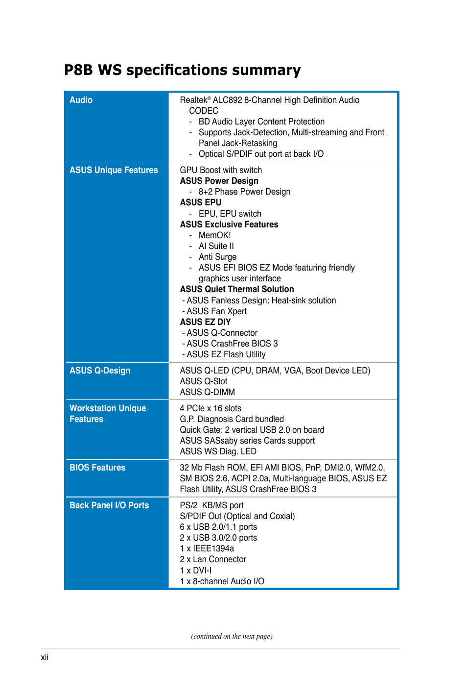 P8b ws specifications summary | Asus P8B WS User Manual | Page 12 / 148