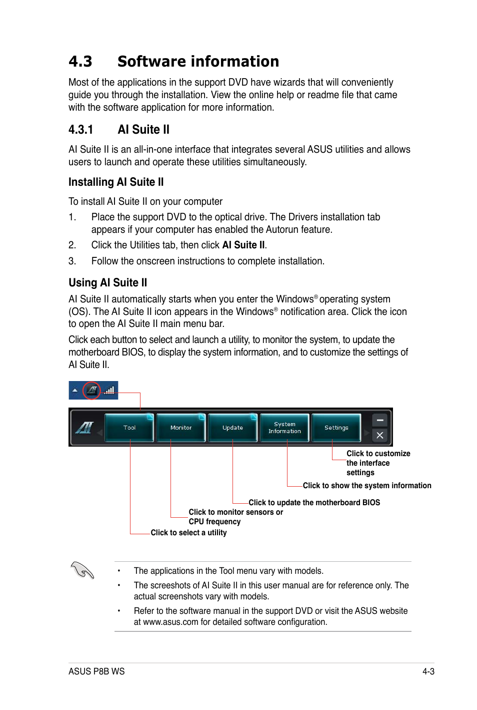 3 software information, 1 ai suite ii, Installing ai suite ii | Using ai suite ii | Asus P8B WS User Manual | Page 121 / 148