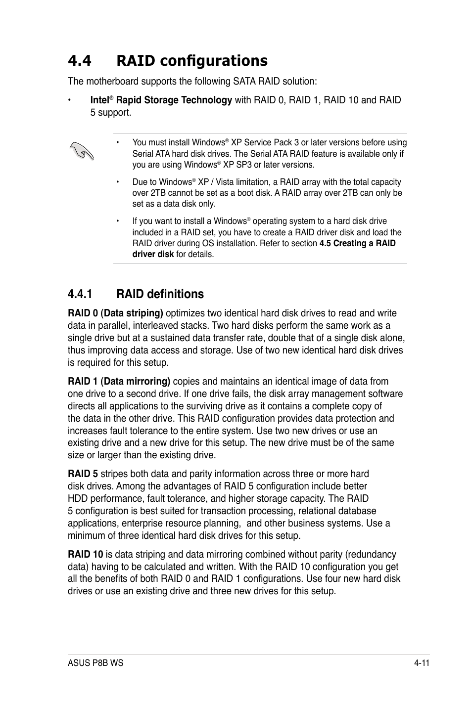 4 raid configurations, � raid definitions | Asus P8B WS User Manual | Page 129 / 148