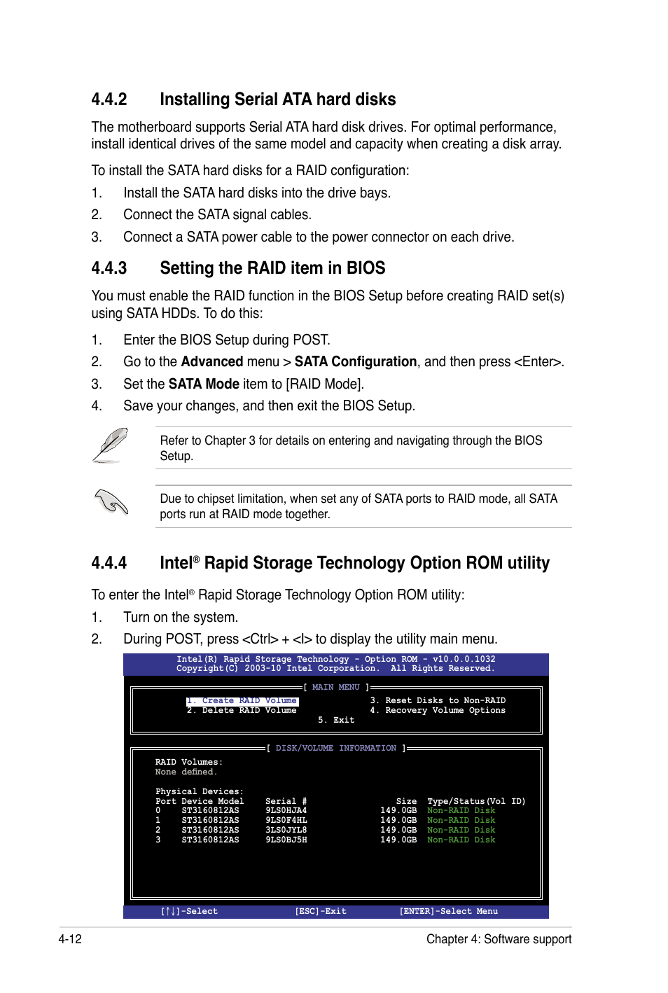 2 installing serial ata hard disks, 3 setting the raid item in bios, 4 intel | Rapid storage technology option rom utility | Asus P8B WS User Manual | Page 130 / 148