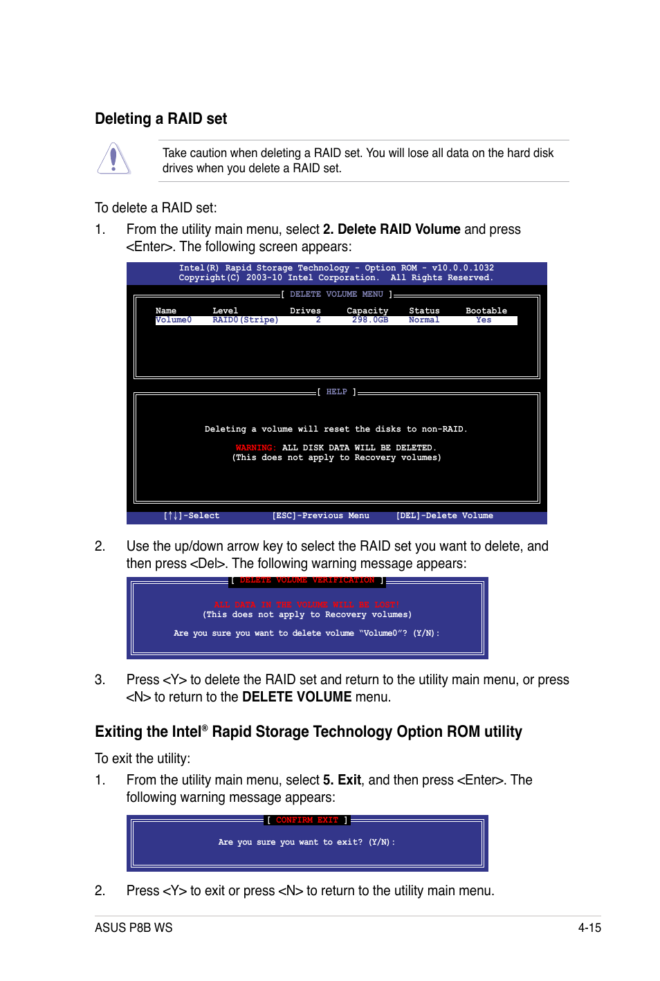 Deleting a raid set, Exiting the intel, Rapid storage technology option rom utility | Asus P8B WS User Manual | Page 133 / 148