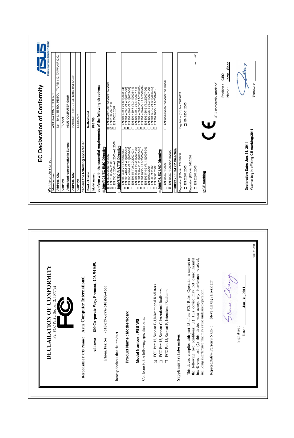 Ec declaration of conformity, Declaration of conformity, Asu s c om pu te r in te rn at io na l | Asus P8B WS User Manual | Page 148 / 148