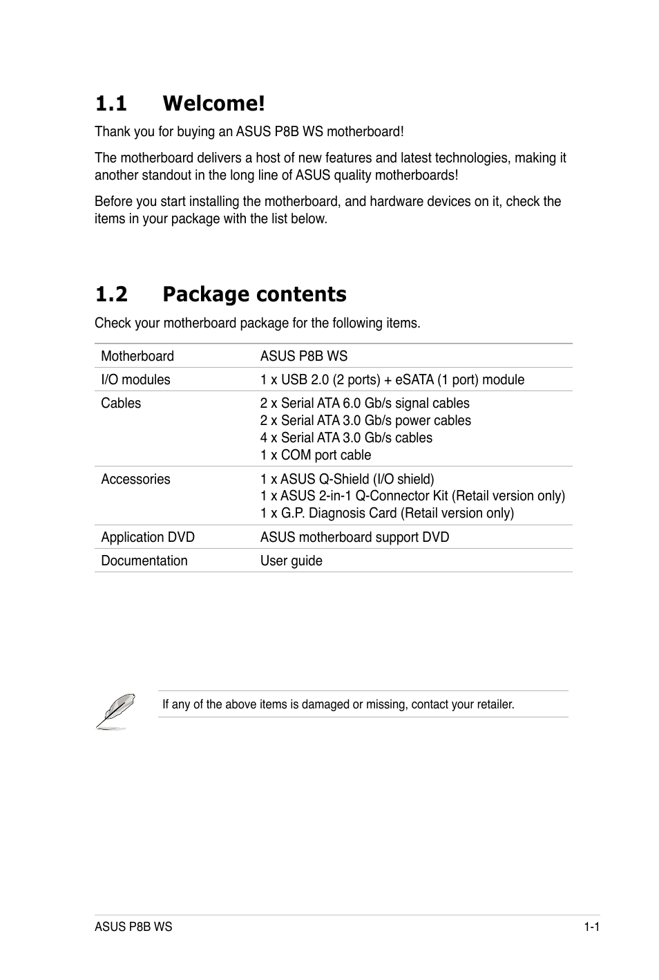 1 welcome, 2 package contents | Asus P8B WS User Manual | Page 17 / 148