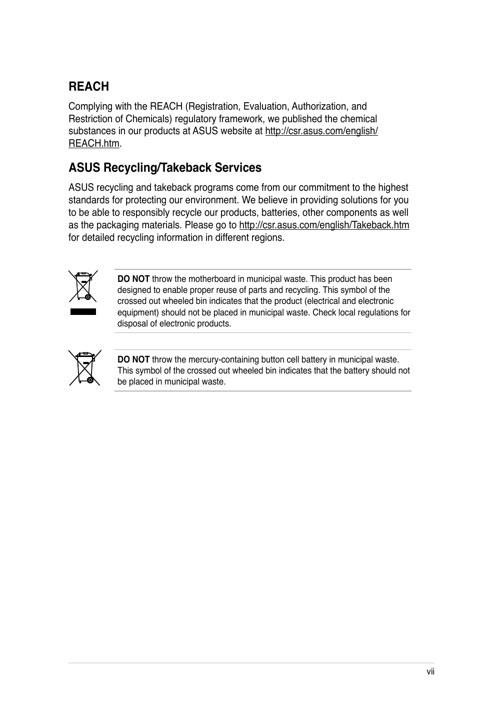 Reach, Asus recycling/takeback services | Asus P8B WS User Manual | Page 7 / 148