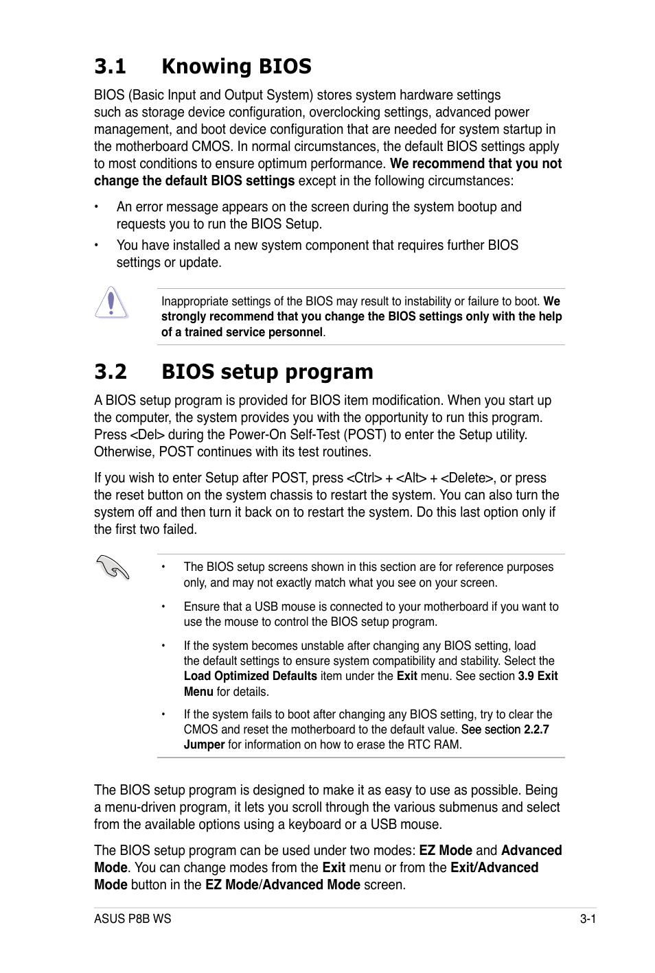 1 knowing bios, 2 bios setup program | Asus P8B WS User Manual | Page 77 / 148