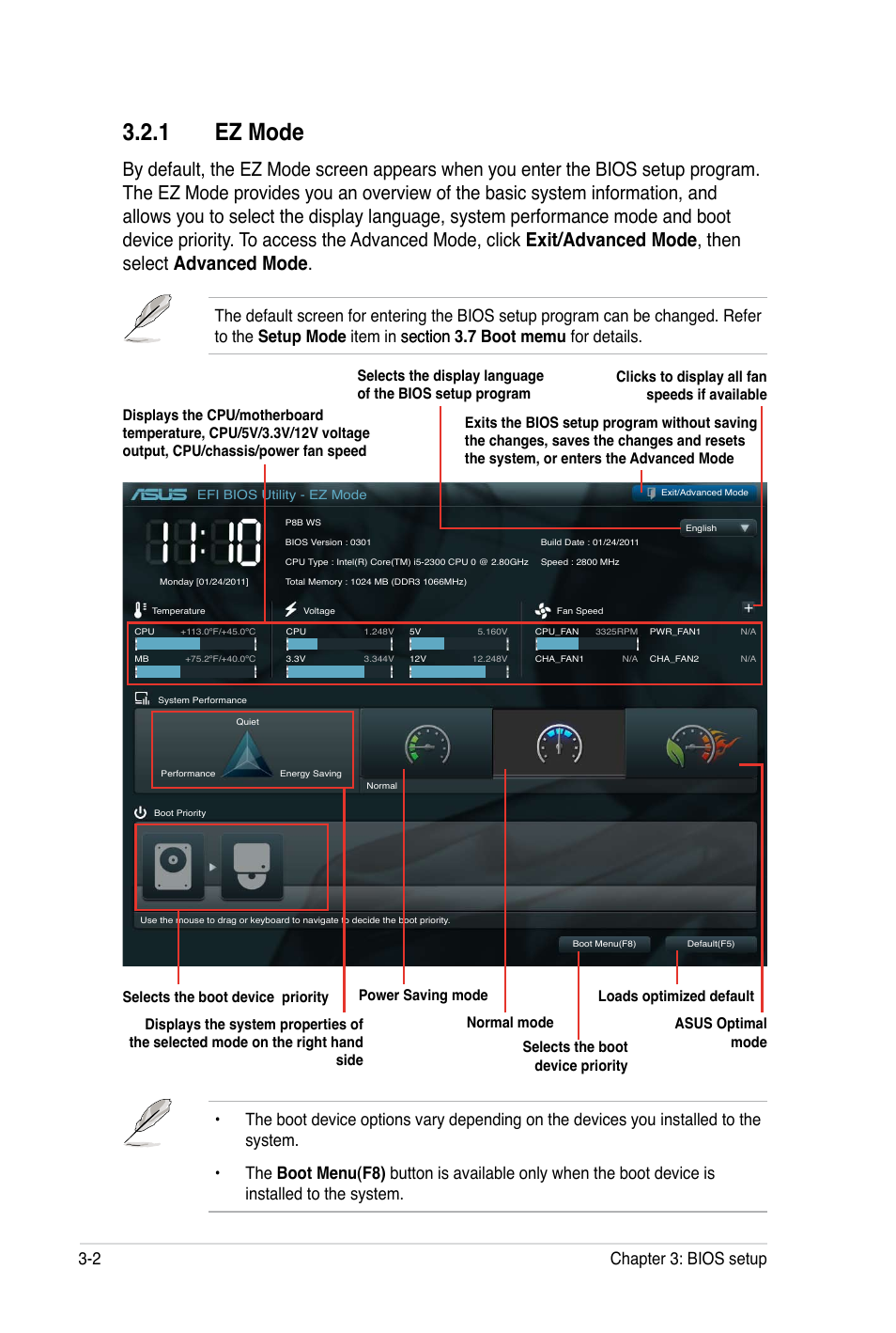 1 ez mode, 2 chapter 3: bios setup | Asus P8B WS User Manual | Page 78 / 148