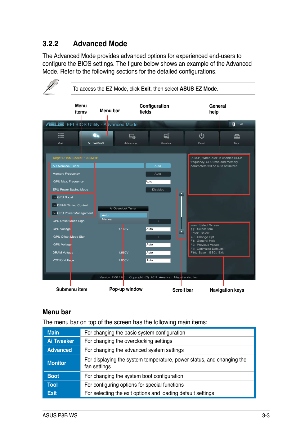 2 advanced mode, Menu bar, Asus p8b ws 3-3 | Navigation keys | Asus P8B WS User Manual | Page 79 / 148