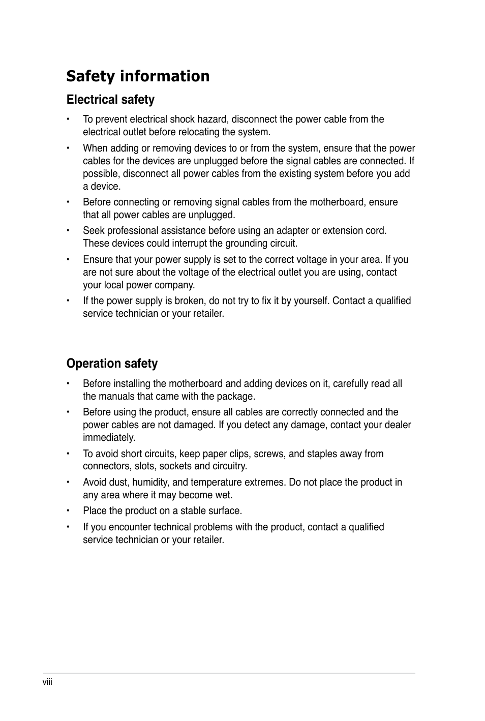 Safety information, Electrical safety, Operation safety | Asus P8B WS User Manual | Page 8 / 148