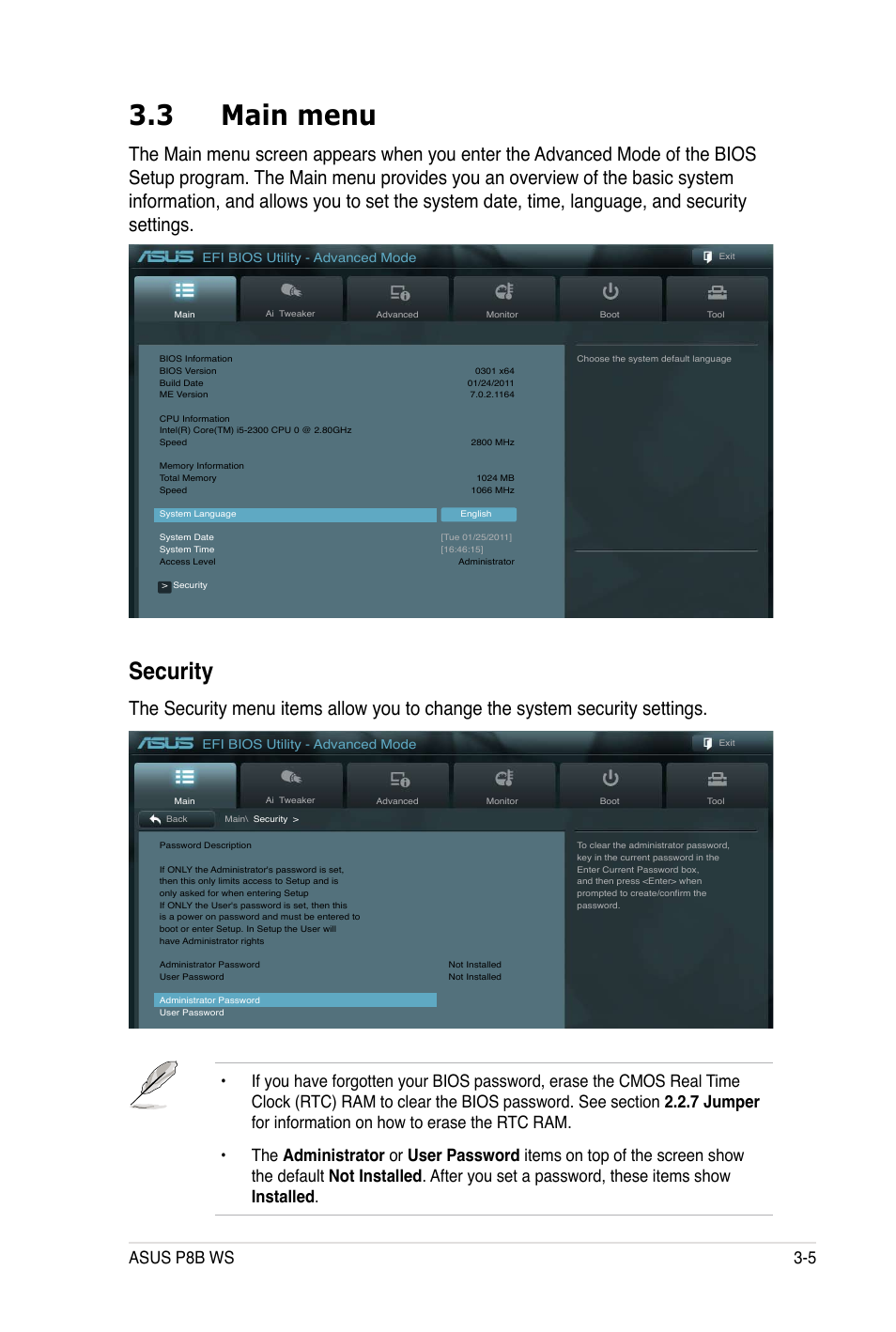 3 main menu, Security, Asus p8b ws 3-5 | Asus P8B WS User Manual | Page 81 / 148