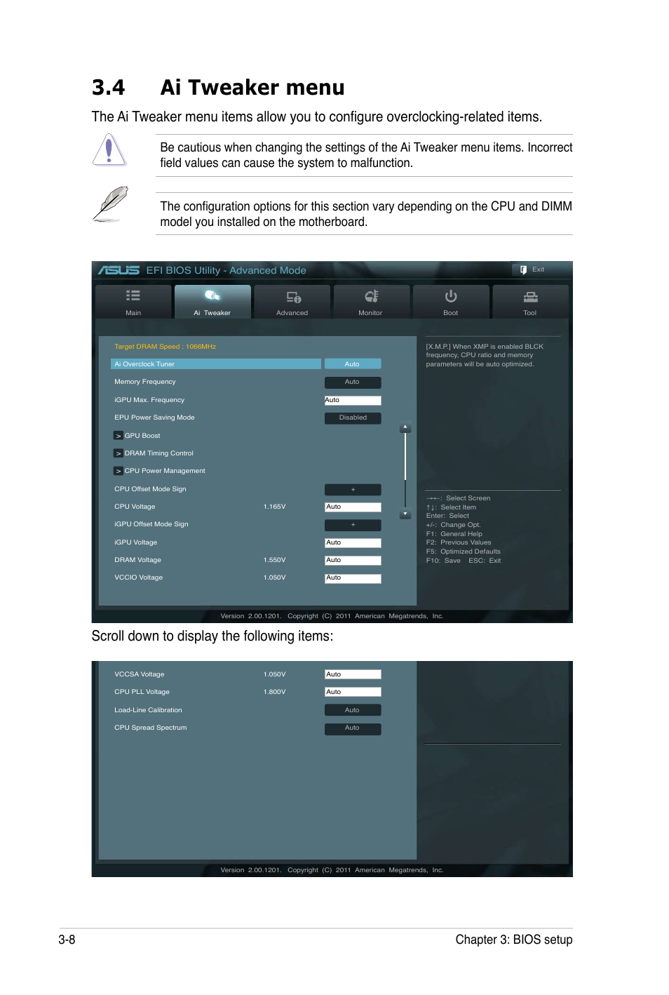 4 ai tweaker menu, Scroll down to display the following items, 8 chapter 3: bios setup | Asus P8B WS User Manual | Page 84 / 148