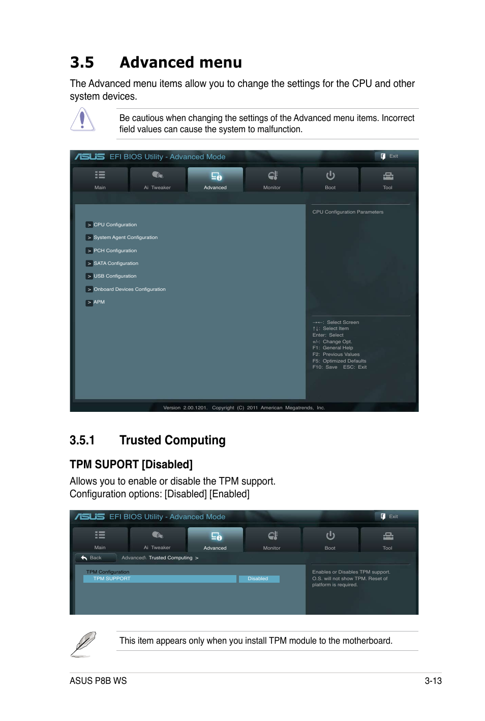5 advanced menu, 1 trusted computing, Tpm suport [disabled | Asus P8B WS User Manual | Page 89 / 148