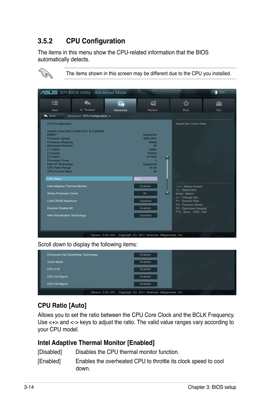 2 cpu configuration, Cpu ratio [auto, Intel adaptive thermal monitor [enabled | Scroll down to display the following items, 14 chapter 3: bios setup | Asus P8B WS User Manual | Page 90 / 148