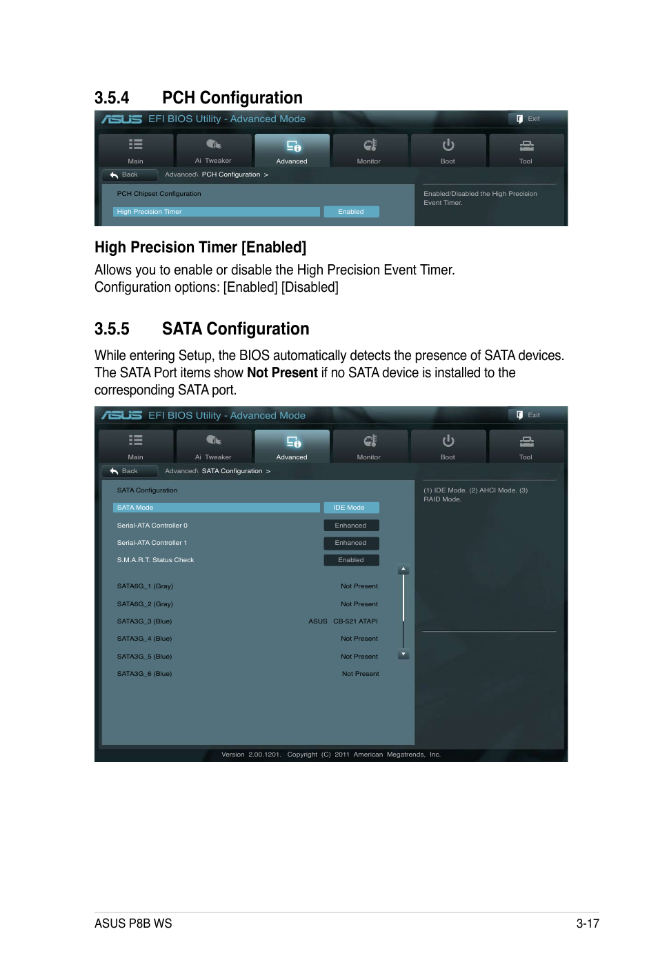 4 pc� configuration, 5 sata configuration, High precision timer [enabled | Asus p8b ws 3-17 | Asus P8B WS User Manual | Page 93 / 148