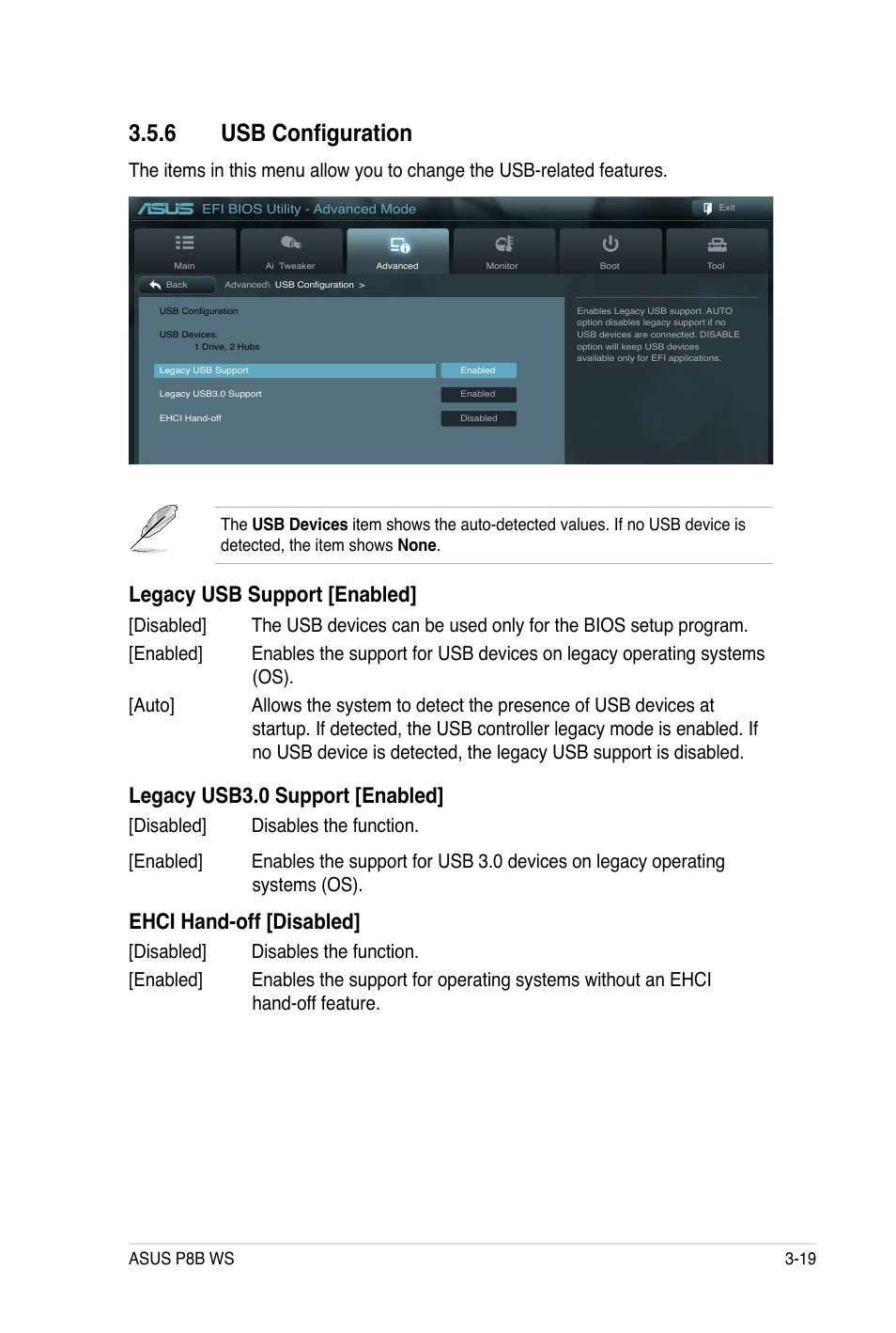 � usb configuration, Legacy usb support [enabled, Legacy usb3.0 support [enabled | Ehci hand-off [disabled | Asus P8B WS User Manual | Page 95 / 148