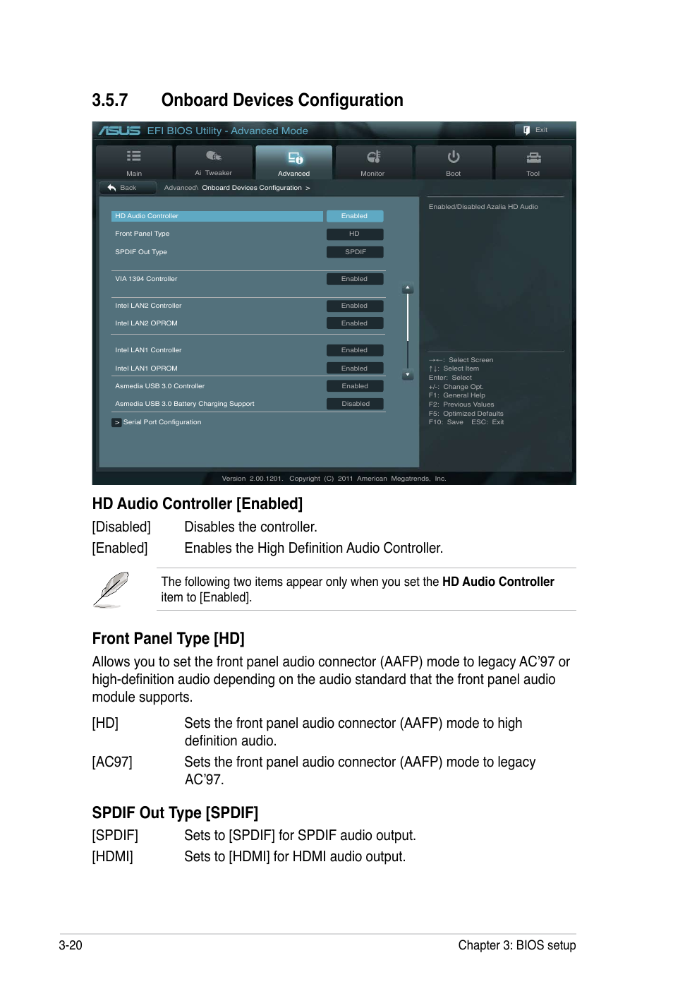 7 onboard devices configuration, Hd audio controller [enabled, Front panel type [hd | Spdif out type [spdif, 20 chapter 3: bios setup | Asus P8B WS User Manual | Page 96 / 148