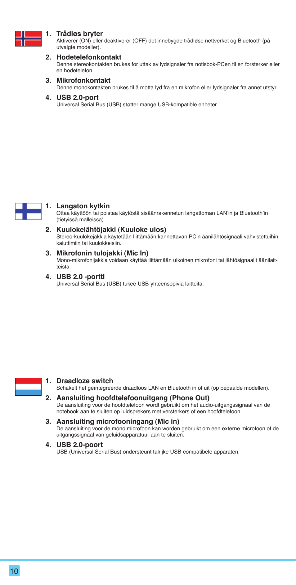 Langaton kytkin, Kuulokelähtöjakki (kuuloke ulos), Mikrofonin tulojakki (mic in) | Usb 2.0 -portti, Draadloze switch, Aansluiting hoofdtelefoonuitgang (phone out), Aansluiting microfooningang (mic in), Usb 2.0-poort, Trådløs bryter, Hodetelefonkontakt | Asus S121 User Manual | Page 10 / 20