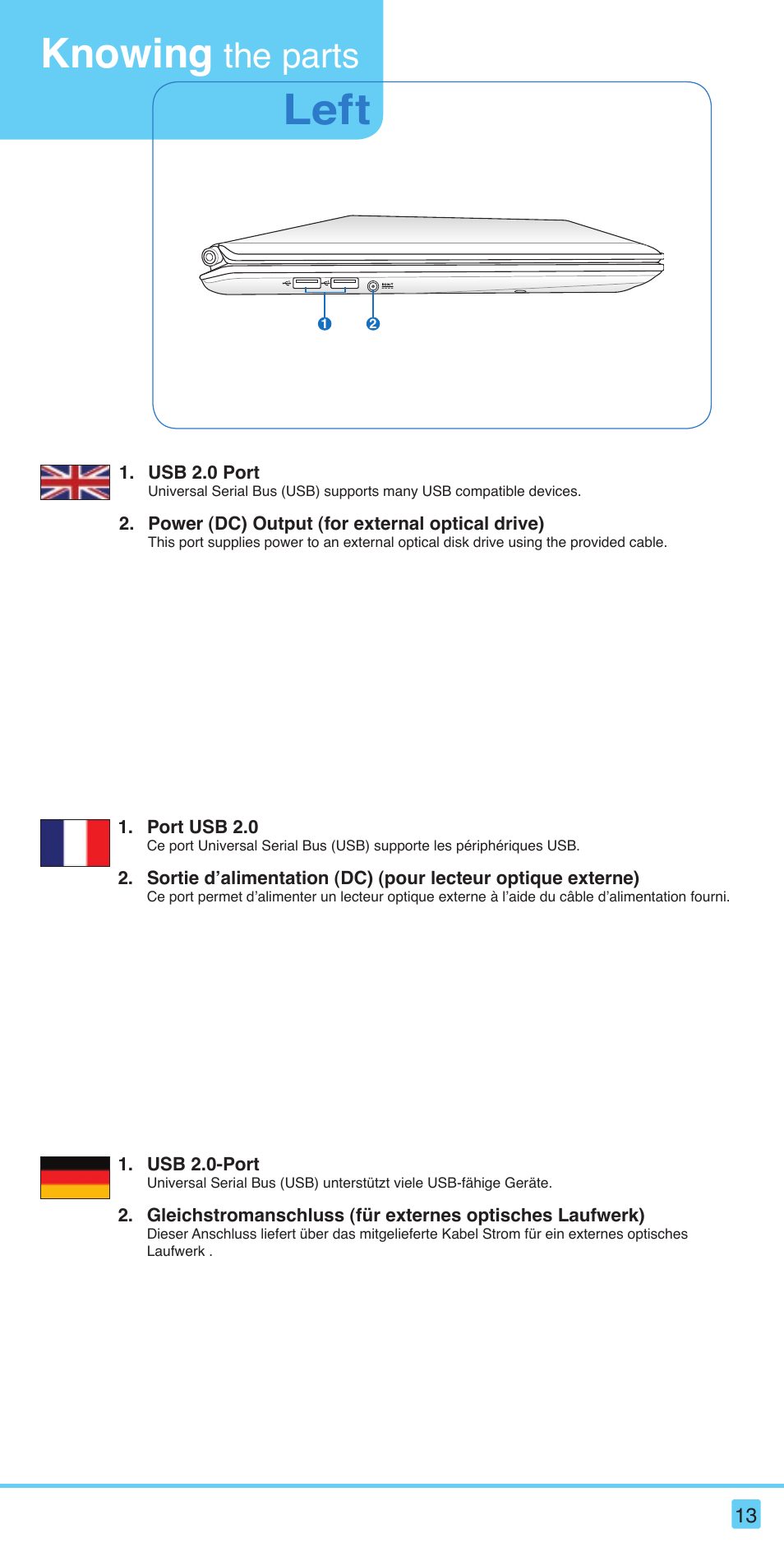 Left, Knowing, The parts | Asus S121 User Manual | Page 13 / 20