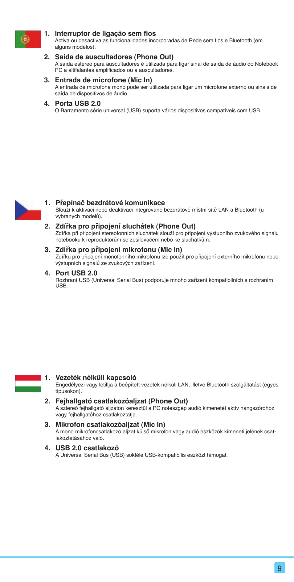 Přepínač bezdrátové komunikace, Zdířka pro připojení sluchátek (phone out), Zdířka pro připojení mikrofonu (mic in) | Port usb 2.0, Vezeték nélküli kapcsoló, Fejhallgató csatlakozóaljzat (phone out), Mikrofon csatlakozóaljzat (mic in), Usb 2.0 csatlakozó, Interruptor de ligação sem fios, Saída de auscultadores (phone out) | Asus S121 User Manual | Page 9 / 20