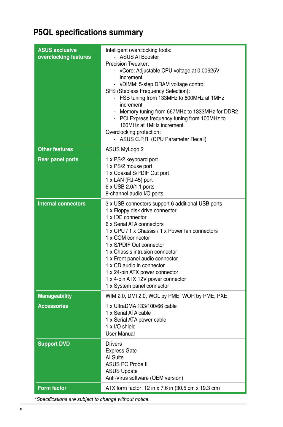 P5ql specifications summary | Asus P5QL User Manual | Page 10 / 64