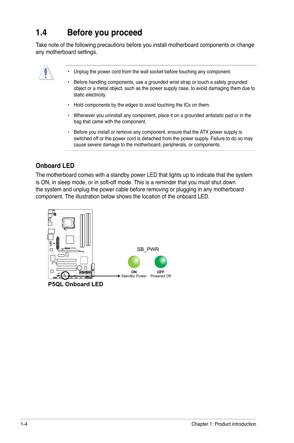 4 before you proceed, Before you proceed -4, Onboard led | Asus P5QL User Manual | Page 14 / 64