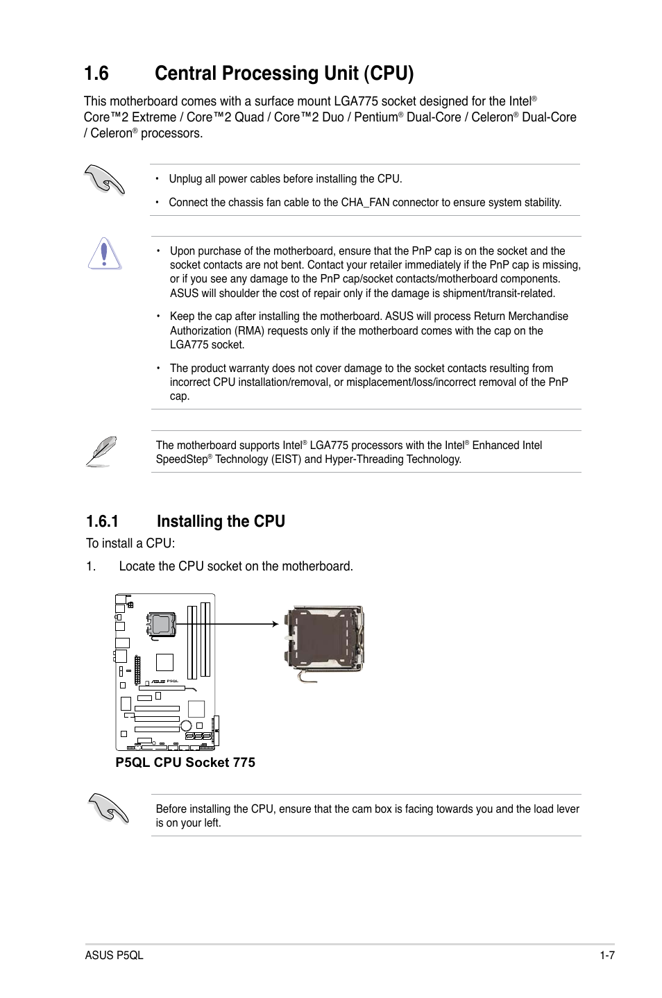 6 central processing unit (cpu), 1 installing the cpu, Central processing unit (cpu) -7 1.6.1 | Installing the cpu -7 | Asus P5QL User Manual | Page 17 / 64