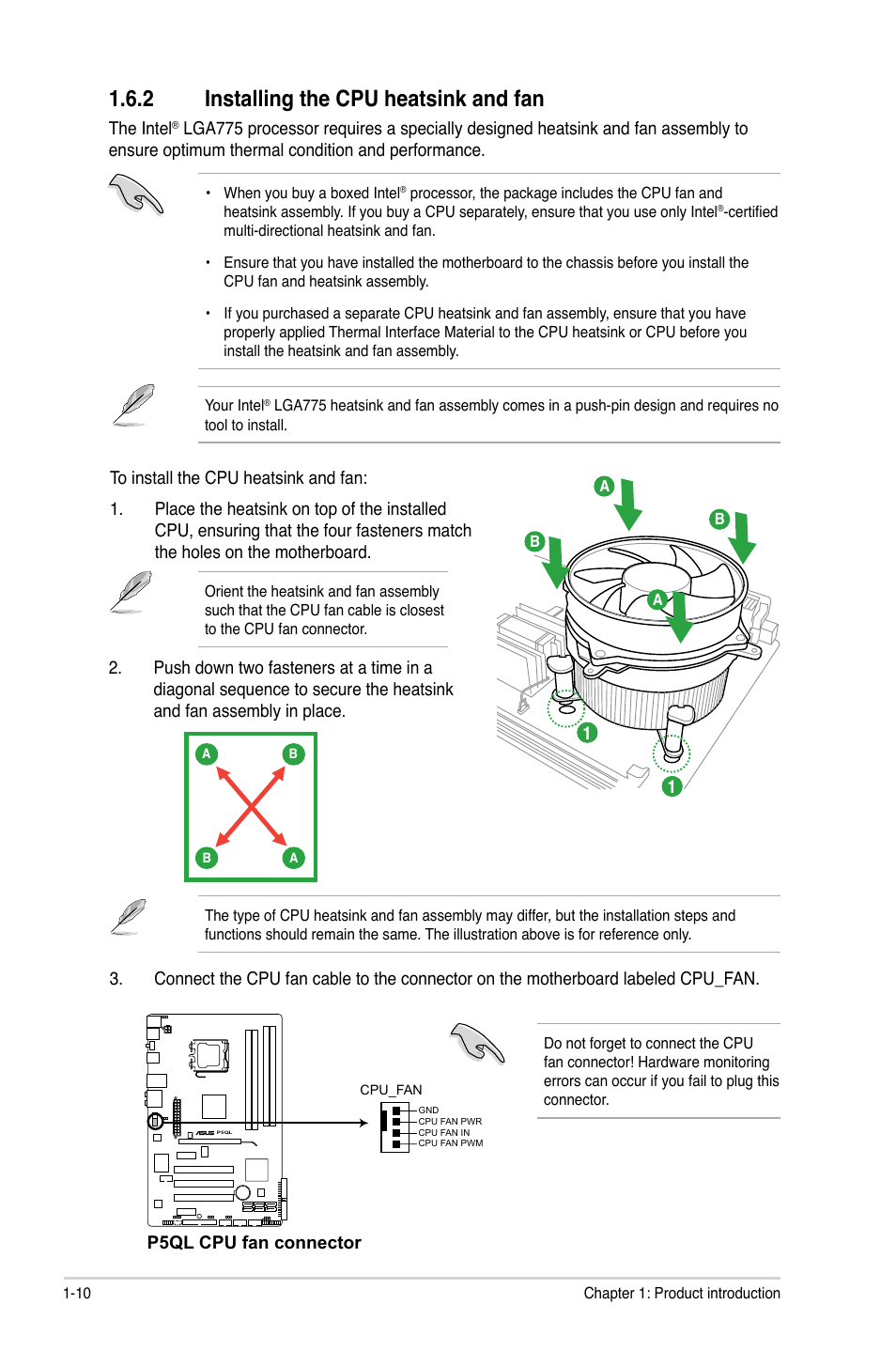 2 installing the cpu heatsink and fan, Installing the cpu heatsink and fan -10 | Asus P5QL User Manual | Page 20 / 64