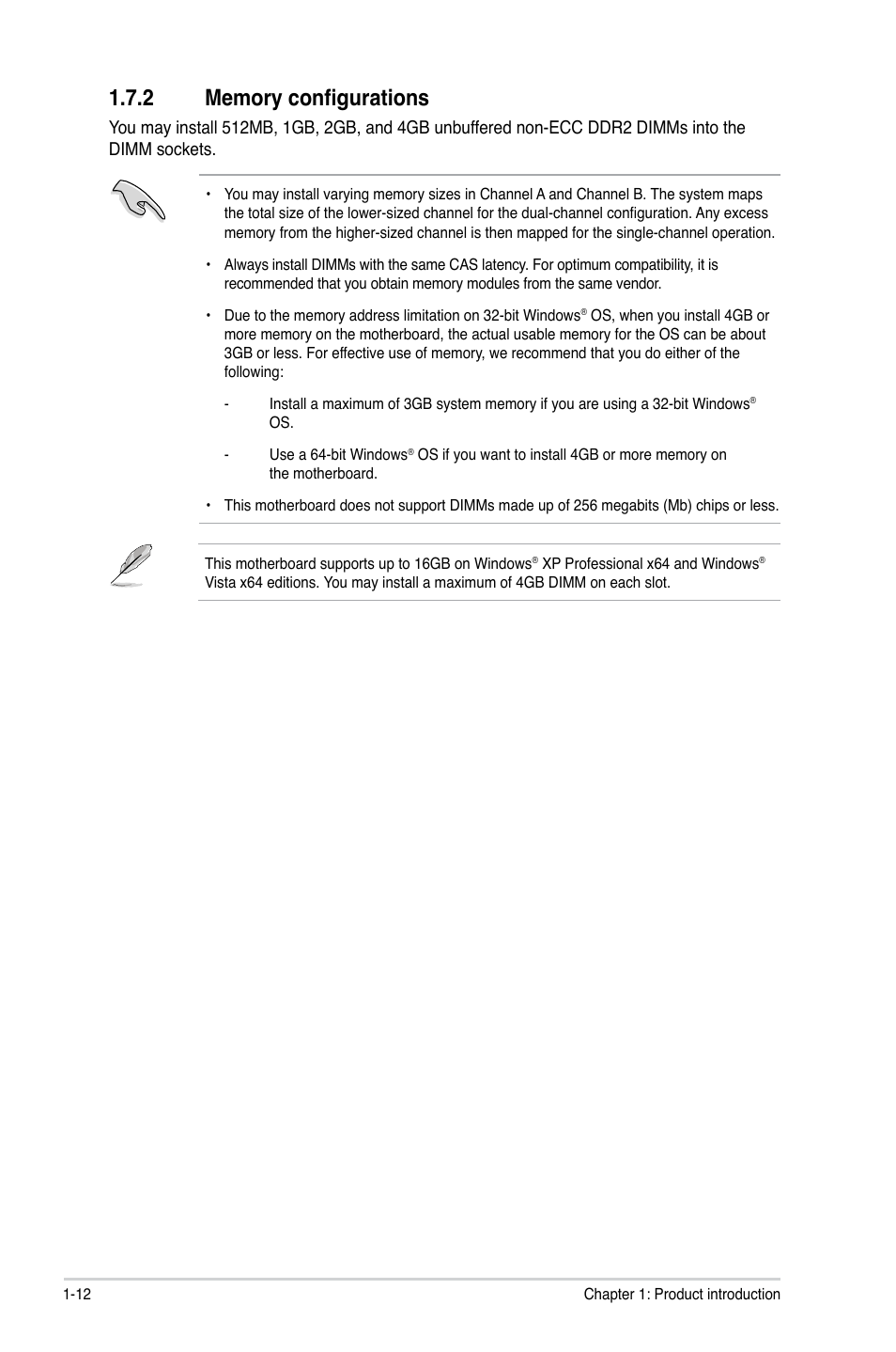 2 memory configurations, Memory configurations -12 | Asus P5QL User Manual | Page 22 / 64