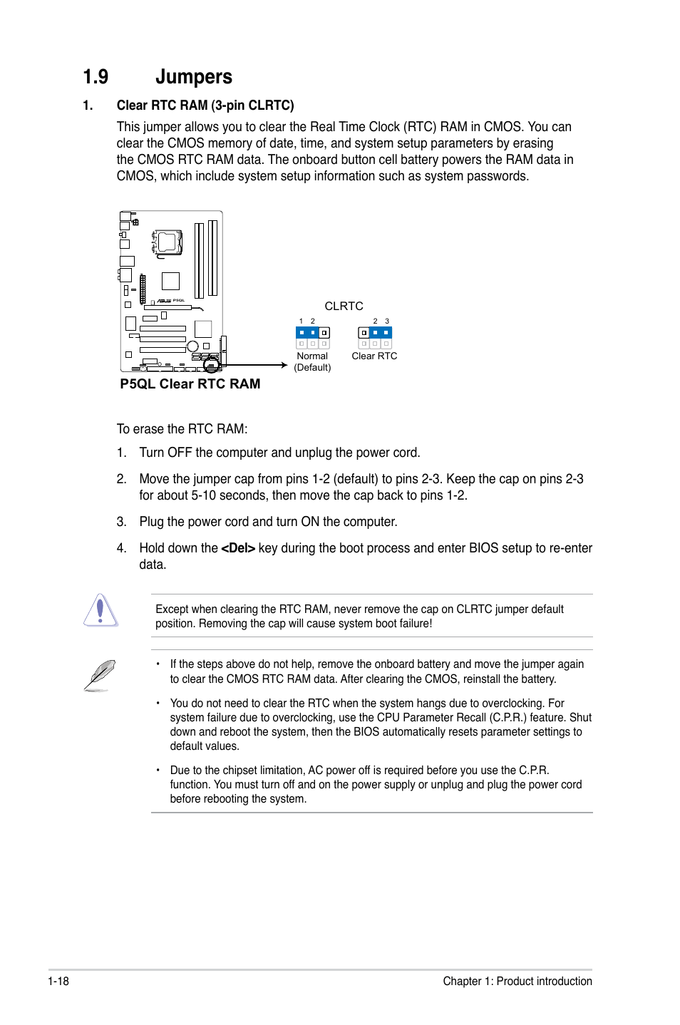 9 jumpers, Jumpers -18 | Asus P5QL User Manual | Page 28 / 64