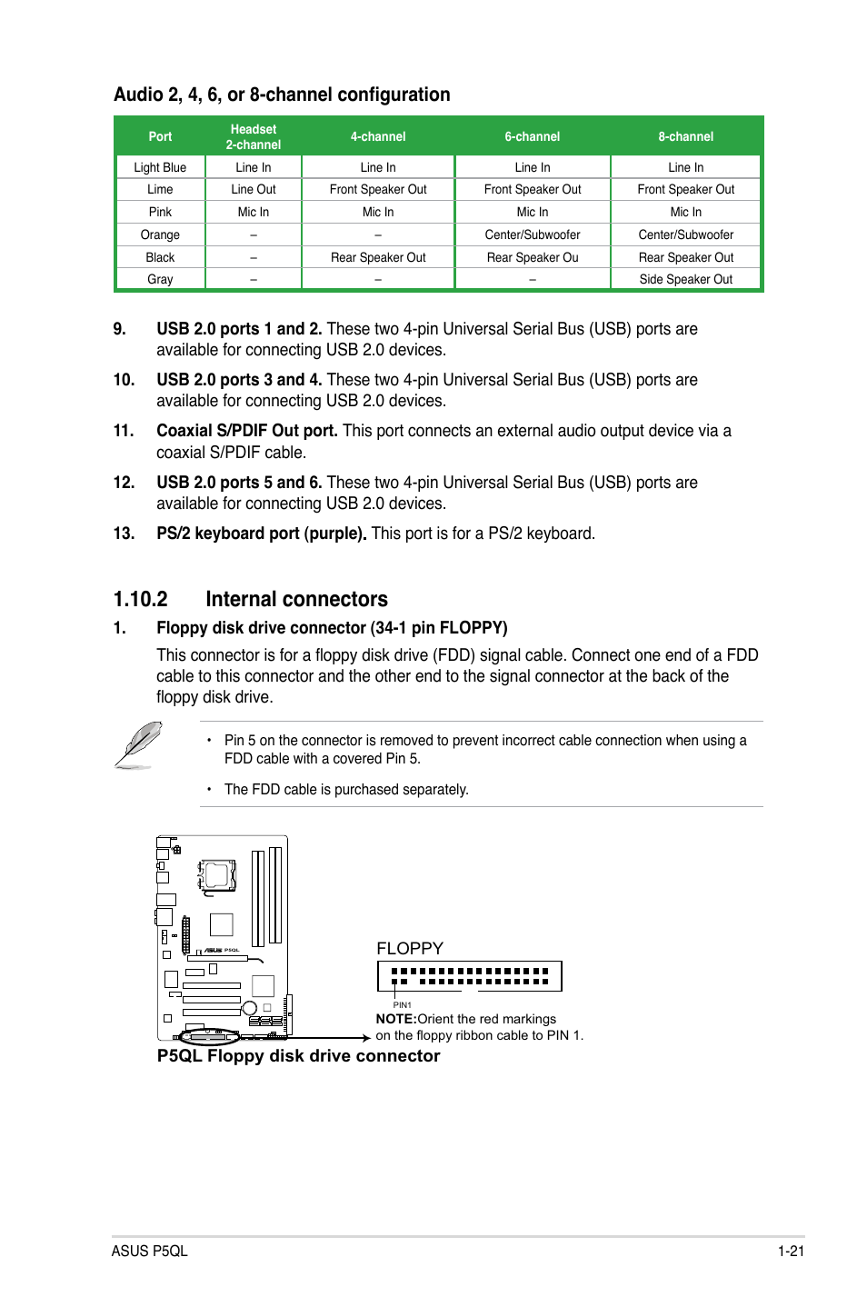 2 internal connectors, 2 internal connectors -21, Audio 2, 4, 6, or 8-channel configuration | Asus P5QL User Manual | Page 31 / 64