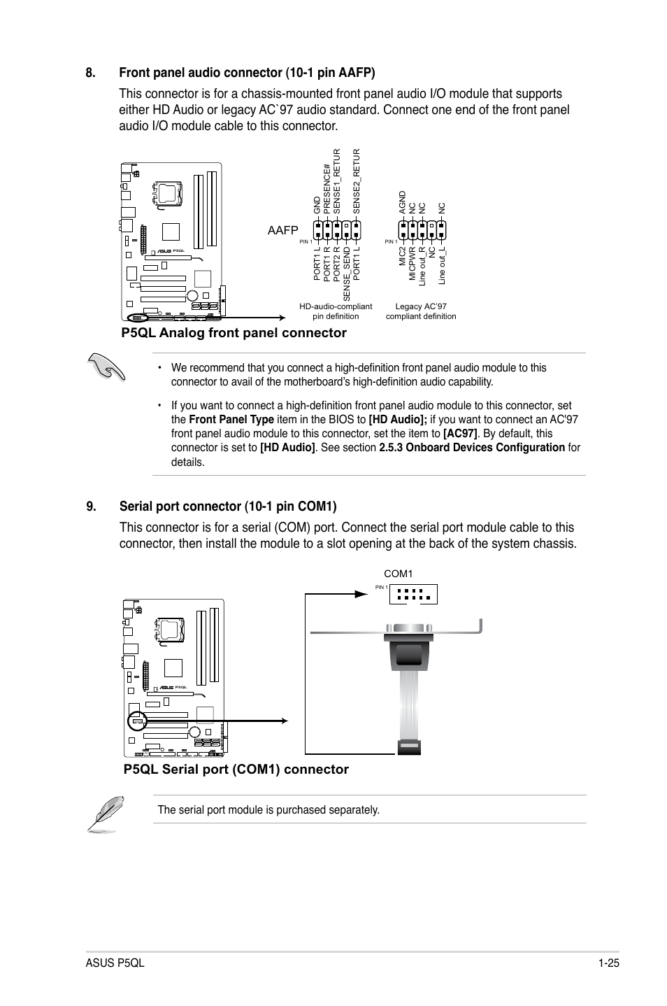 P5ql analog front panel connector, P5ql serial port (com1) connector | Asus P5QL User Manual | Page 35 / 64