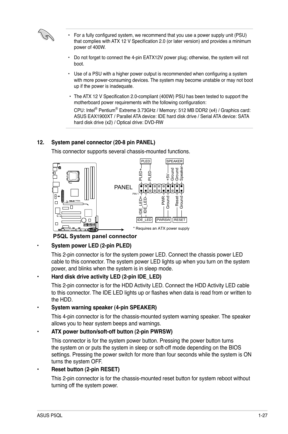 P5ql system panel connector, Panel | Asus P5QL User Manual | Page 37 / 64