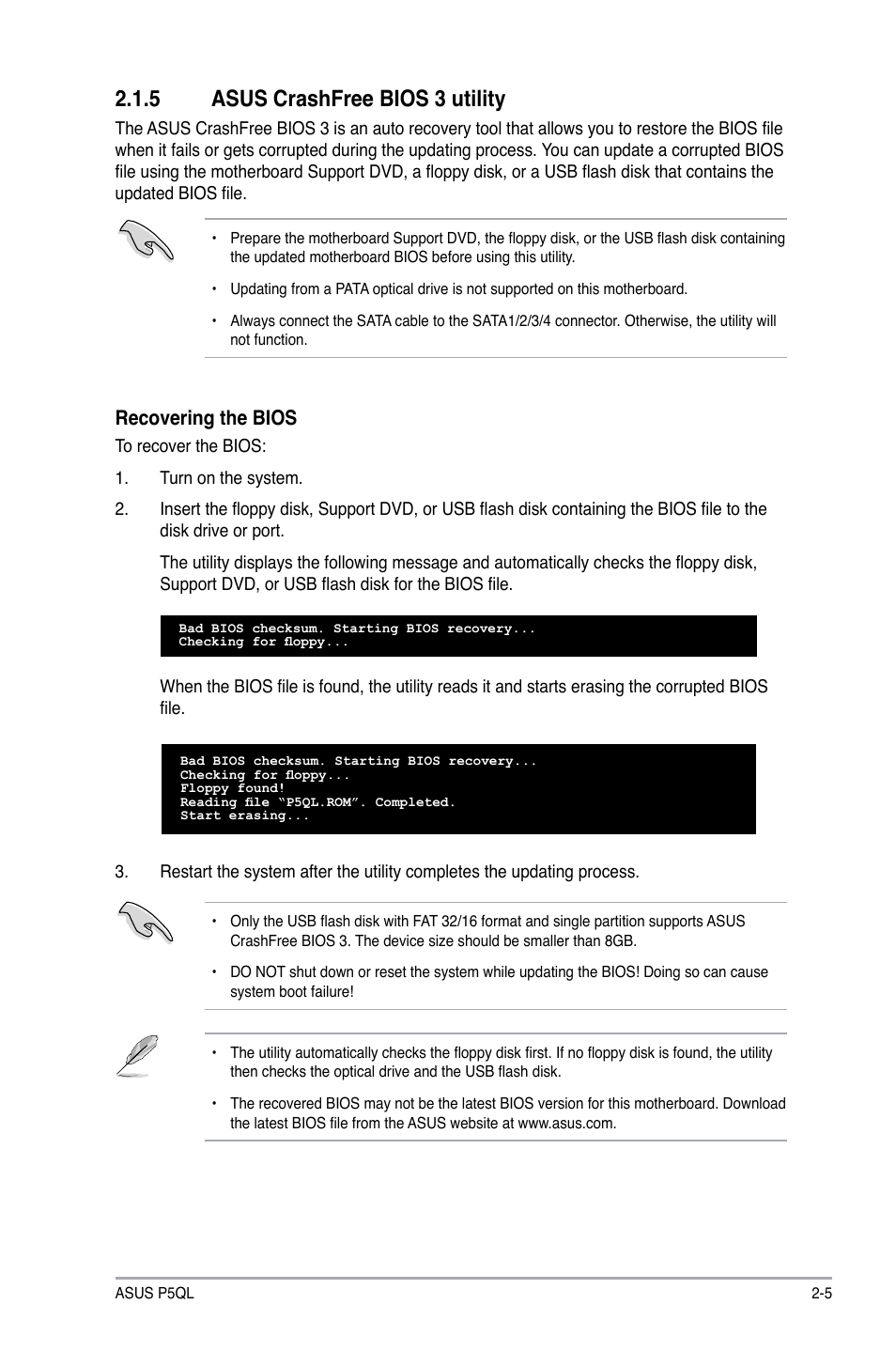 5 asus crashfree bios 3 utility, Asus crashfree bios 3 utility -5, Recovering the bios | Asus P5QL User Manual | Page 43 / 64