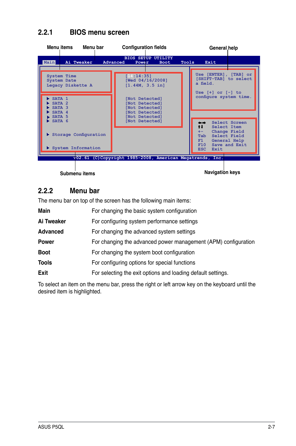 1 bios menu screen, 2 menu bar, Bios menu screen -7 | Menu bar -7 | Asus P5QL User Manual | Page 45 / 64