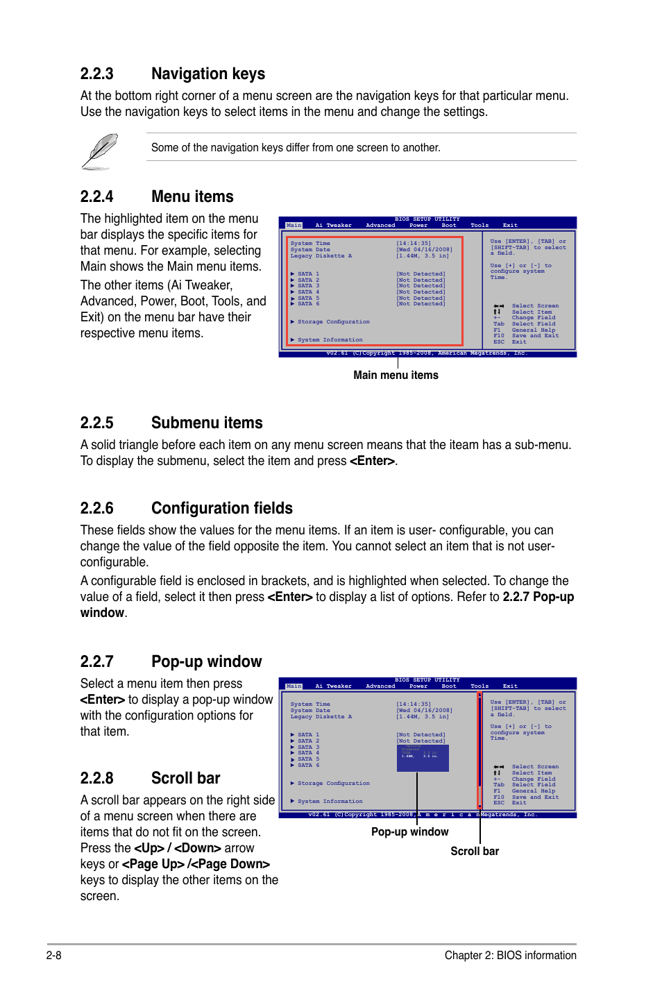 3 navigation keys, 4 menu items, 5 submenu items | 6 configuration fields, 7 pop-up window, 8 scroll bar, Navigation keys -8, Menu items -8, Submenu items -8, Configuration fields -8 | Asus P5QL User Manual | Page 46 / 64