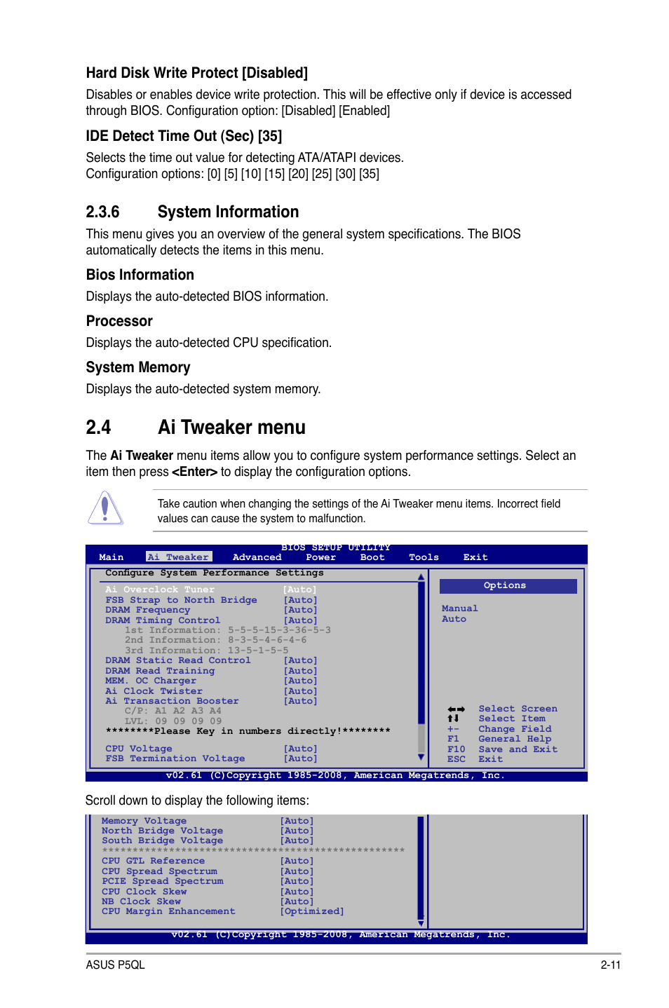 6 system information, 4 ai tweaker menu, System information -11 | Ai tweaker menu -11, Hard disk write protect [disabled, Ide detect time out (sec) [35, Bios information, Processor, Displays the auto-detected bios information, Displays the auto-detected cpu specification | Asus P5QL User Manual | Page 49 / 64