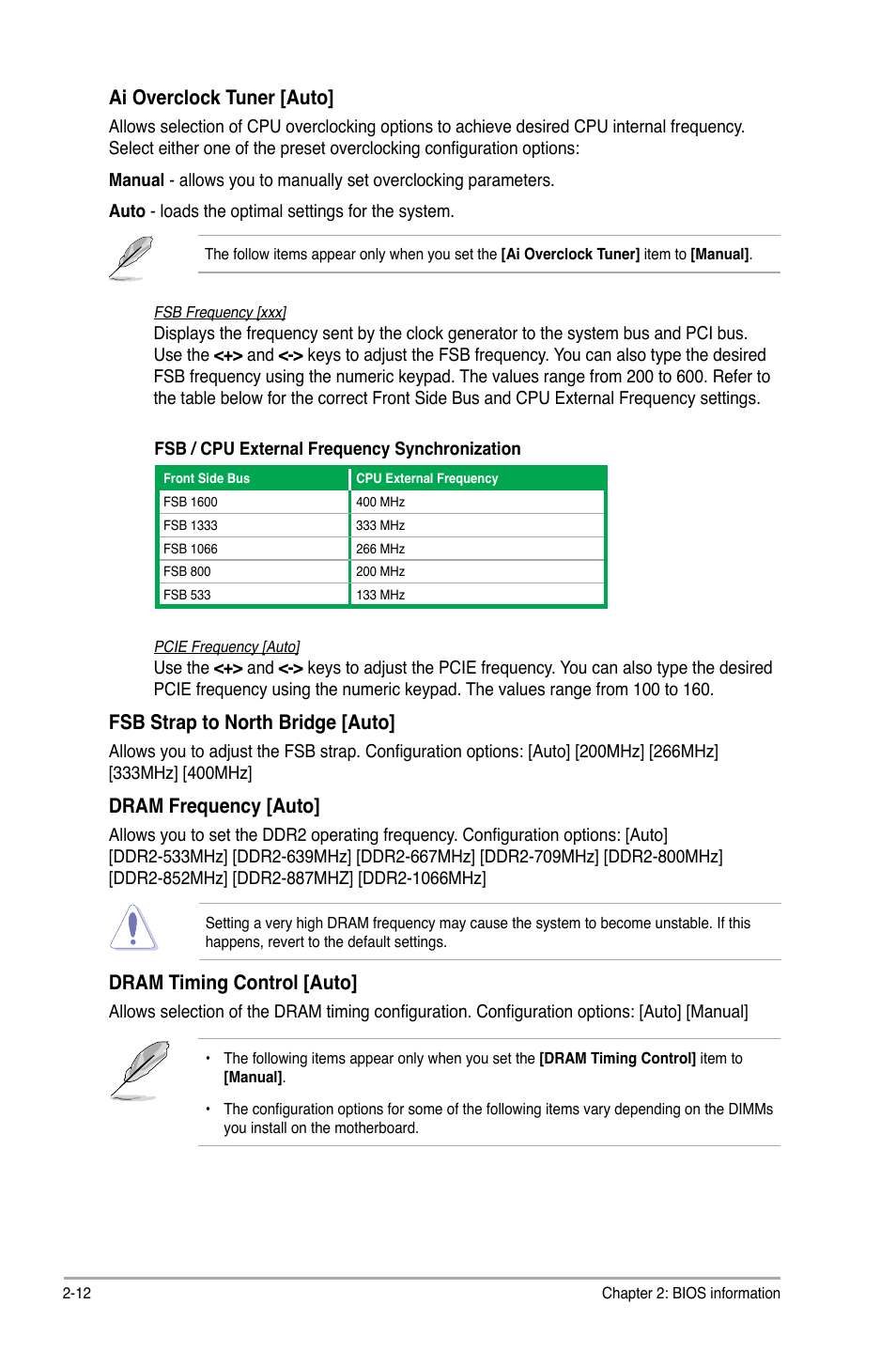 Ai overclock tuner [auto, Fsb strap to north bridge [auto, Dram frequency [auto | Dram timing control [auto | Asus P5QL User Manual | Page 50 / 64