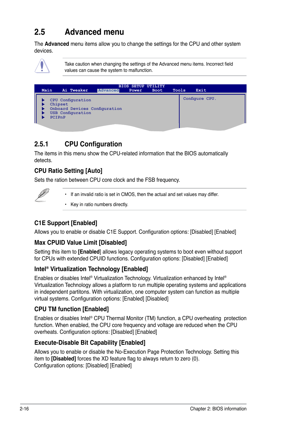 5 advanced menu, 1 cpu configuration, Advanced menu -16 2.5.1 | Cpu configuration -16 | Asus P5QL User Manual | Page 54 / 64