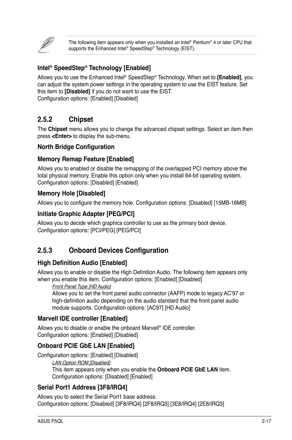 2 chipset, 3 onboard devices configuration, Chipset -17 | Onboard devices configuration -17 | Asus P5QL User Manual | Page 55 / 64