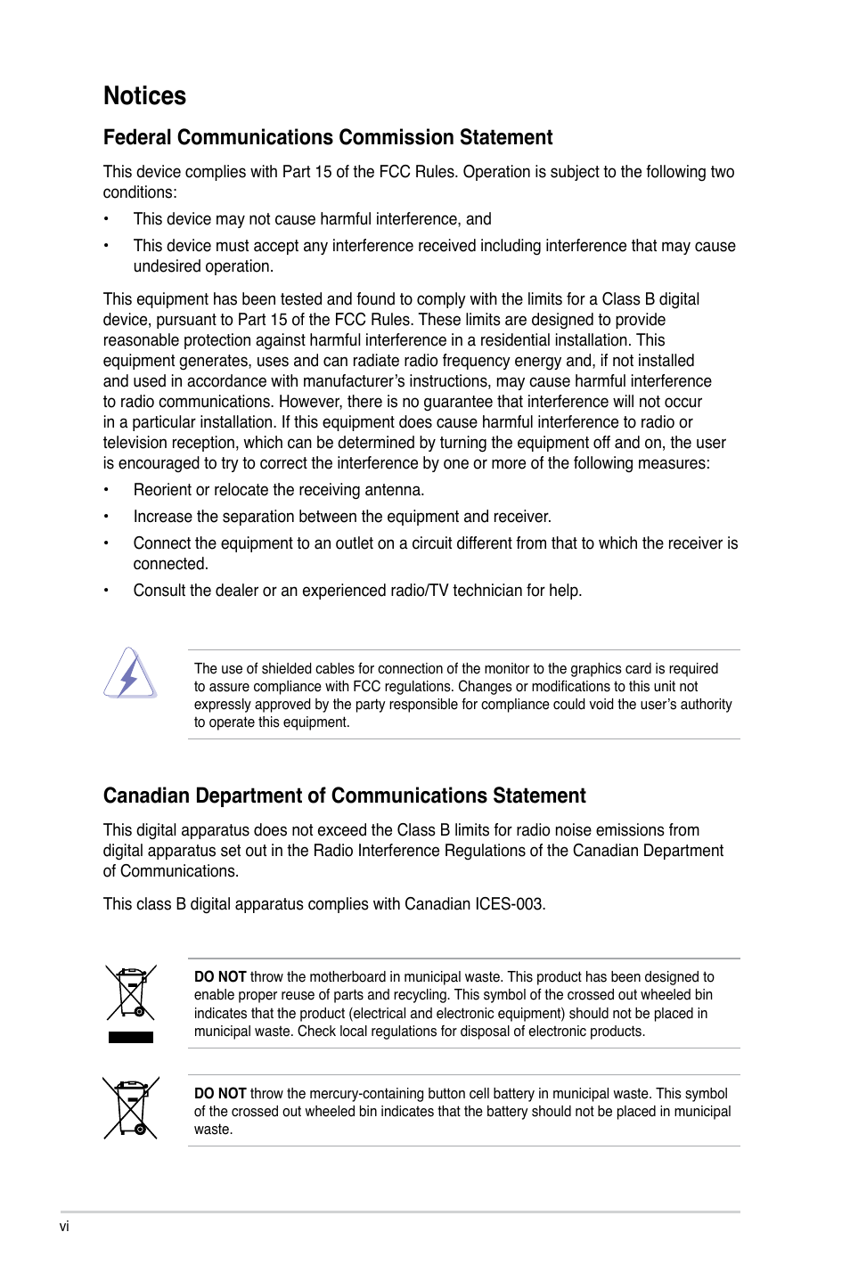 Notices, Federal communications commission statement, Canadian department of communications statement | Asus P5QL User Manual | Page 6 / 64