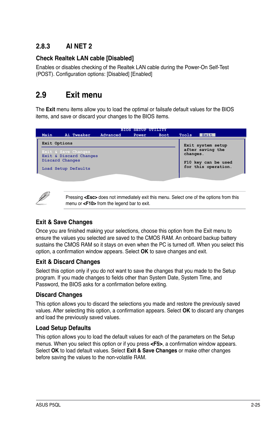 3 ai net 2, 9 exit menu, Ai net 2 -25 | Exit menu -25 | Asus P5QL User Manual | Page 63 / 64