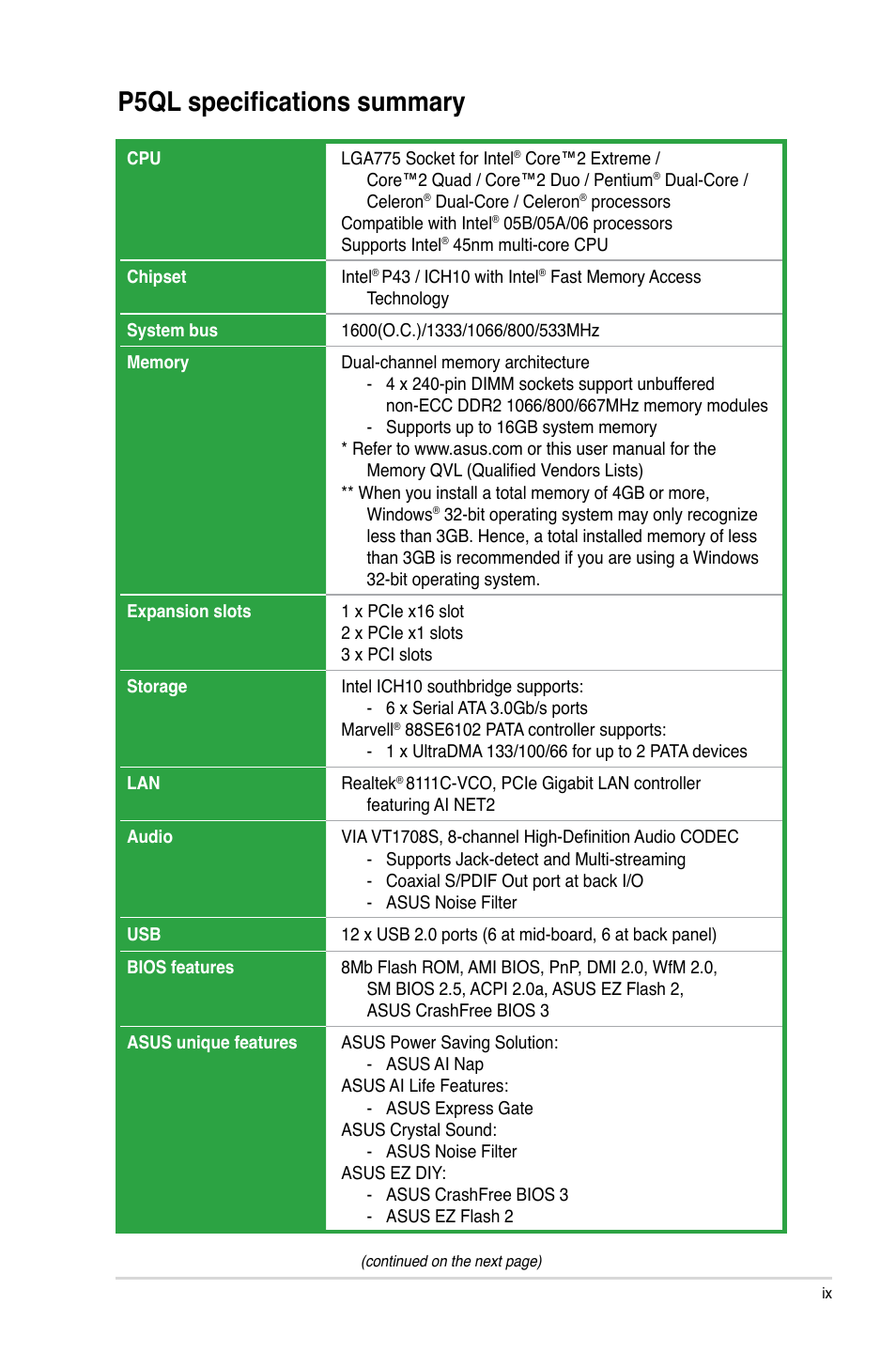 P5ql specifications summary | Asus P5QL User Manual | Page 9 / 64