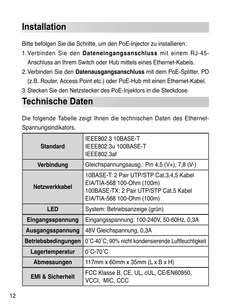 Technische daten, Installation | Asus EI-102 User Manual | Page 13 / 41