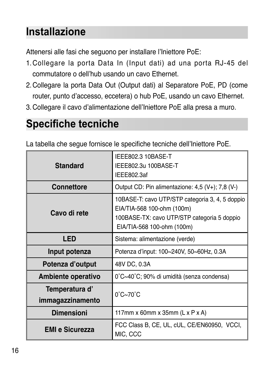 Installazione, Speciﬁche tecniche | Asus EI-102 User Manual | Page 17 / 41