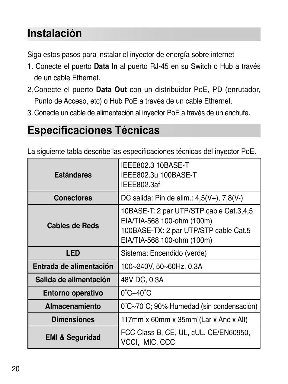 Instalación, Especiﬁcaciones técnicas | Asus EI-102 User Manual | Page 21 / 41