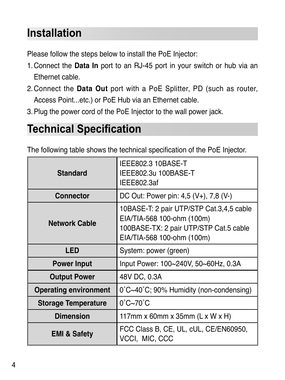 Installation, Technical speciﬁcation | Asus EI-102 User Manual | Page 5 / 41