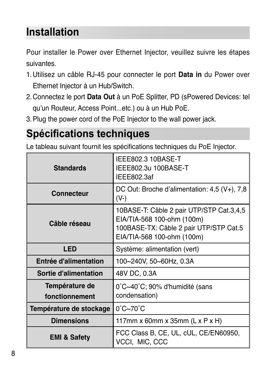 Installation, Spéciﬁcations techniques | Asus EI-102 User Manual | Page 9 / 41
