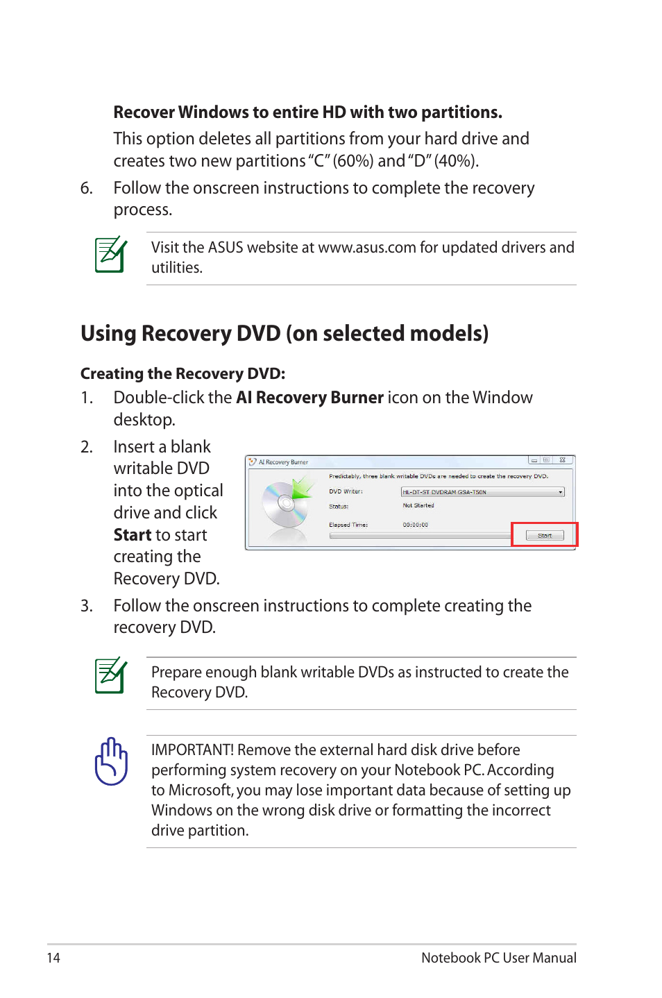 Using recovery dvd (on selected models) | Asus X8AIL User Manual | Page 14 / 28